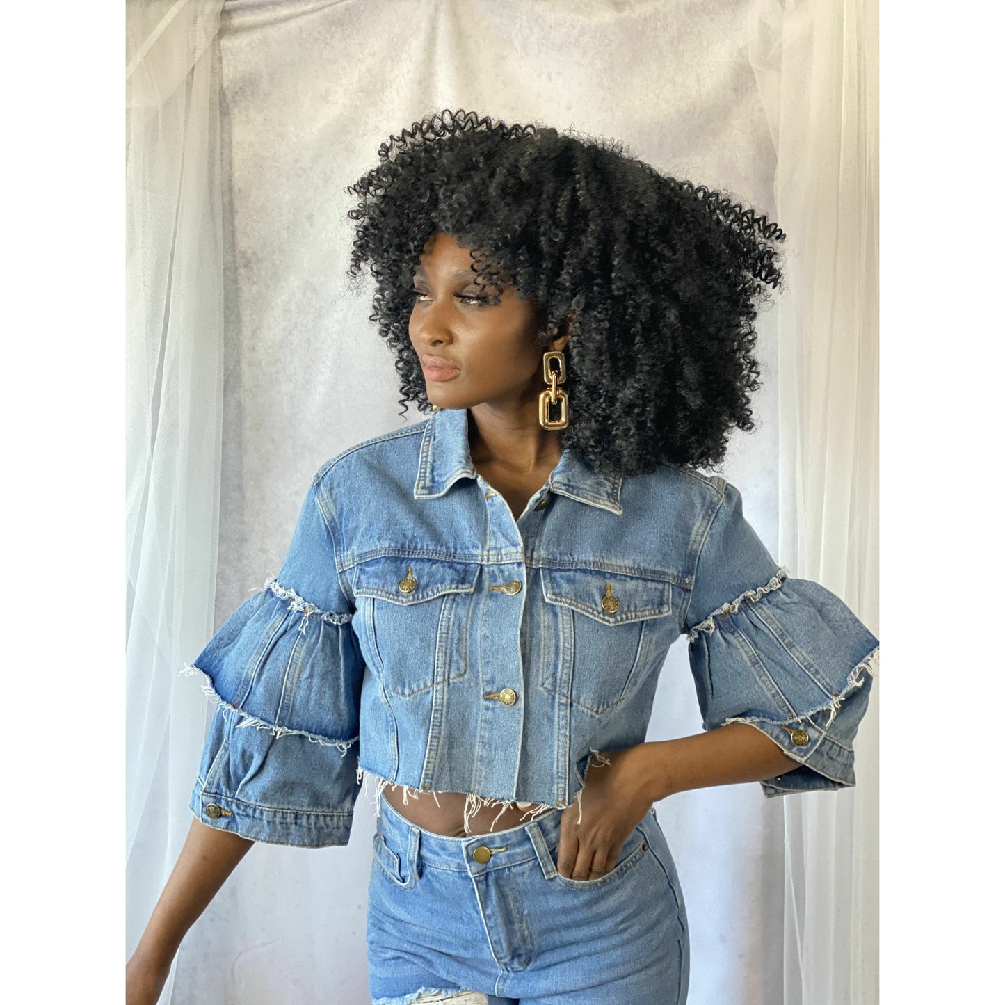 Light Slate Gray Denim Ruffle Sleeve Crop Jacket (Medium Wash)