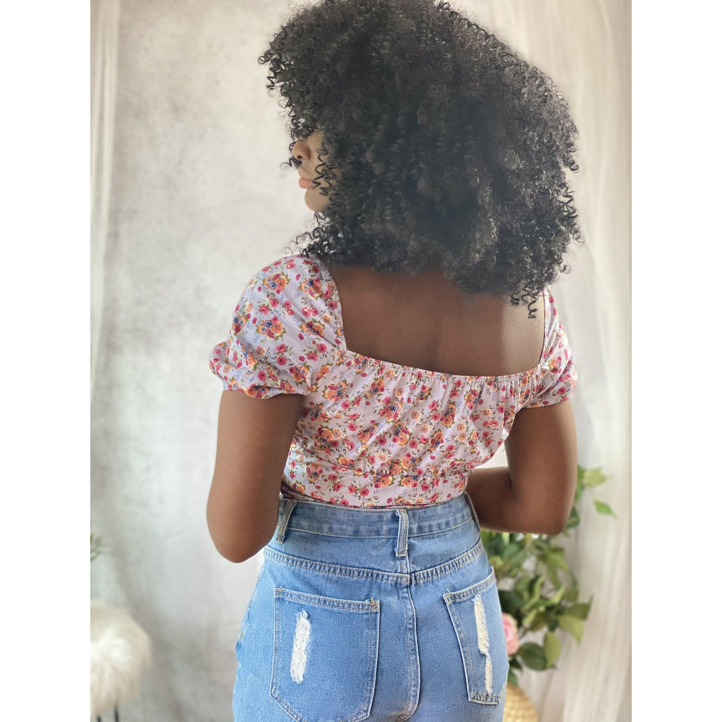 Dark Olive Green Baby Floral Print Sweetheart Crop Top (Blue Multi)
