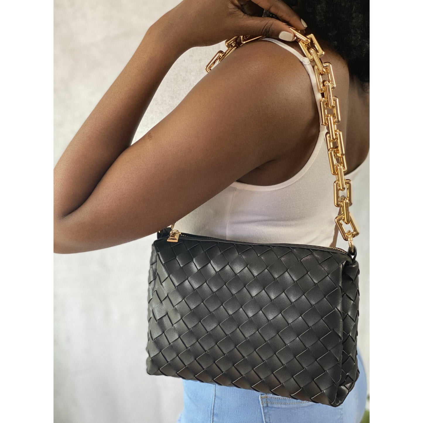 Dark Olive Green Weave Chain Handbag (Black)