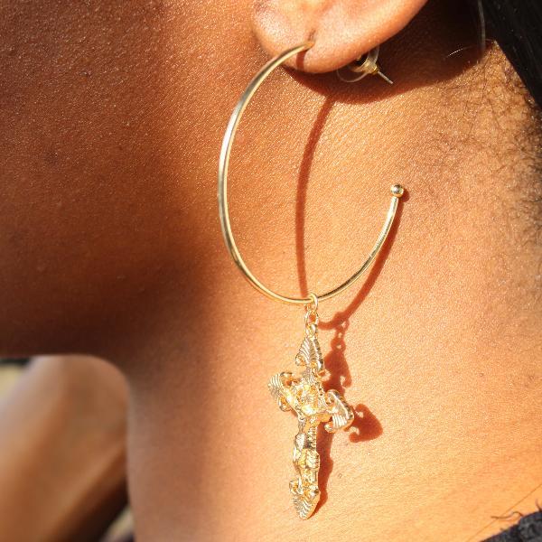 Saddle Brown BACK IN STOCK! Gold Cross Drop Hoop Earrings