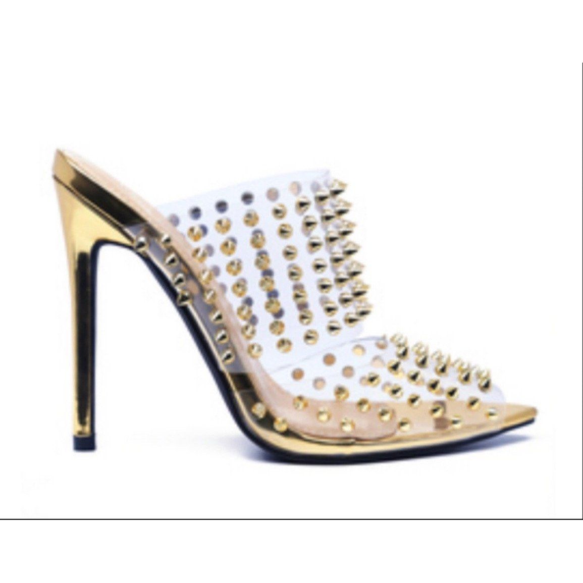 White Smoke Ravish Gold Spike Slide On Heel