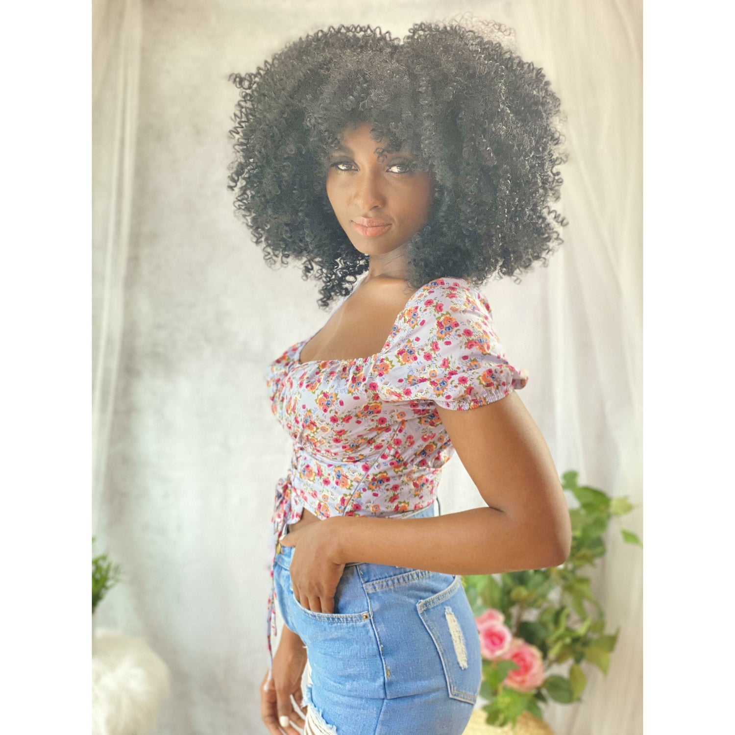 Gray Baby Floral Print Sweetheart Crop Top (Blue Multi)
