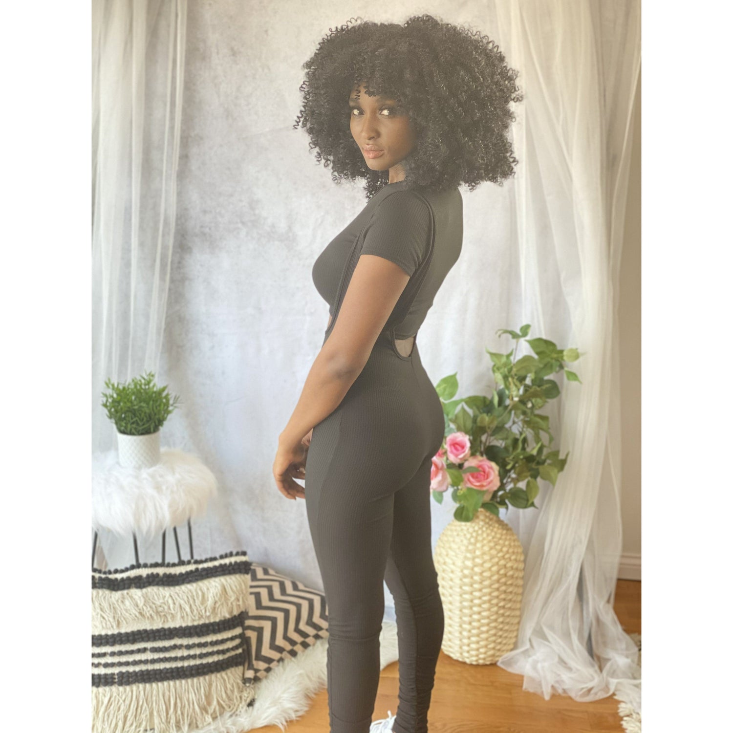 Gray Ribbed Knit Suspender Jumpsuit (Black)