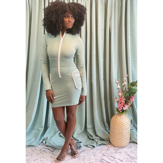 Sporty Zip Bodycon Mini Dress (Sage) Prettymadness 