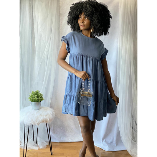 Gray BabyDoll Denim Ruffle Dress