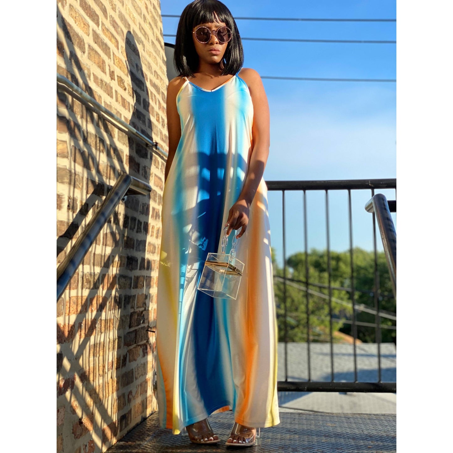 Light Blue Stripe Maxi Dress (Blue)