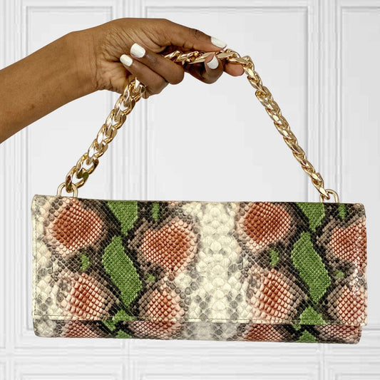Dark Olive Green Snake Print Clutch Bag (Multi)
