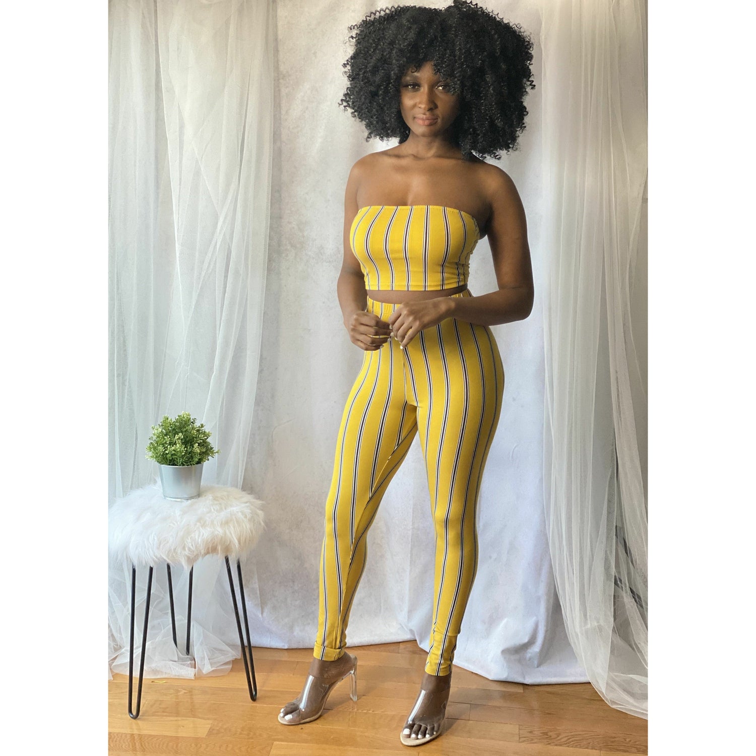 Gray Pinstripe Legging Set (Yellow)