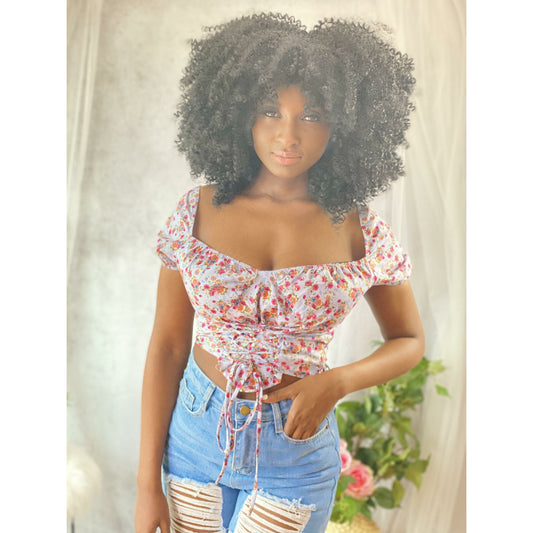 Gray Baby Floral Print Sweetheart Crop Top (Blue Multi)