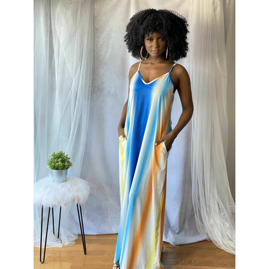 Dark Cyan Stripe Maxi Dress (Blue)