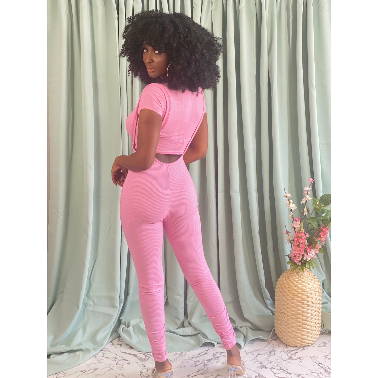 Ribbed Knit Suspender Jumpsuit (Pink) Prettymadness 