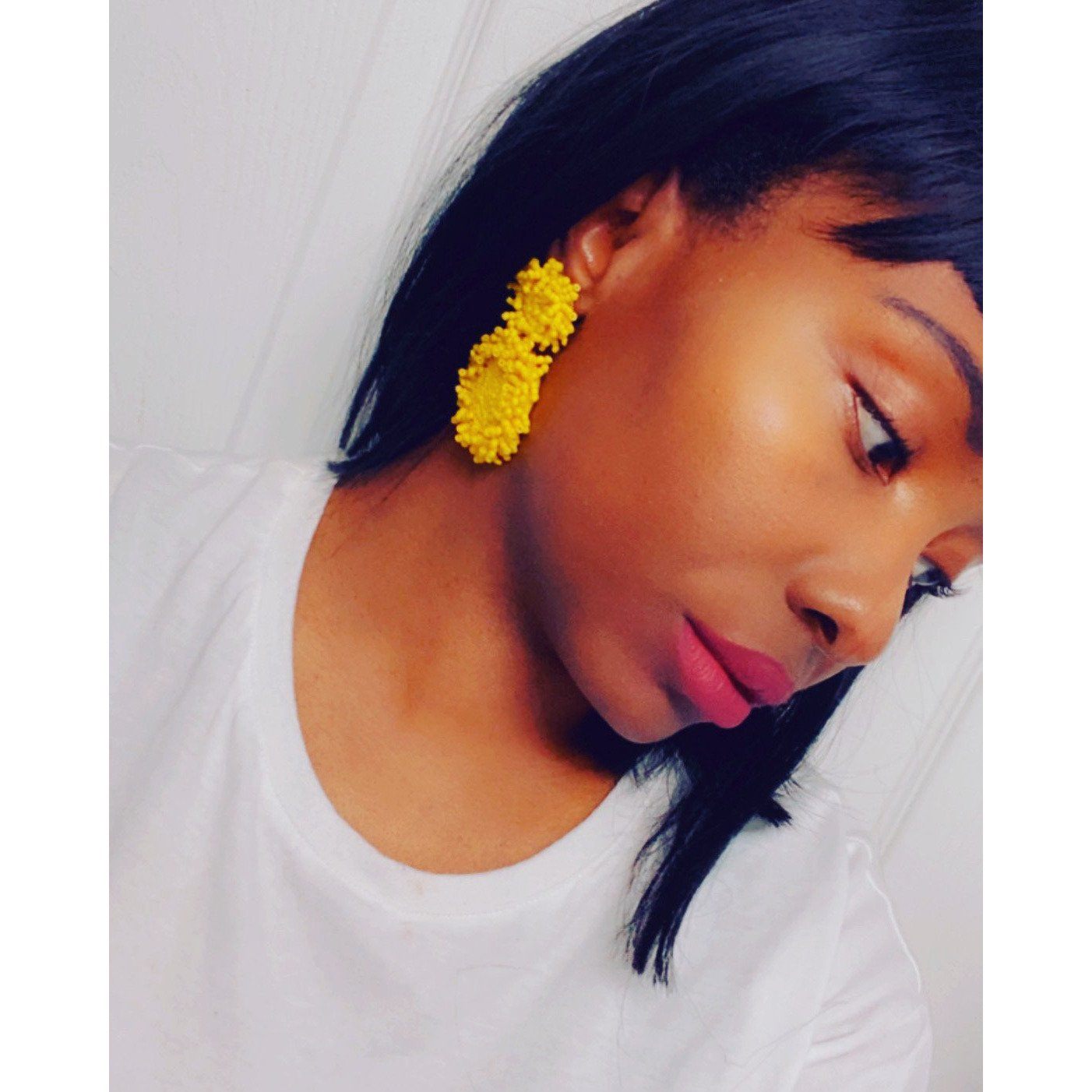 Light Gray Beaded Yellow Drop Earrings