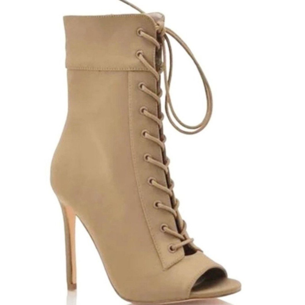 Rosy Brown Peep-Toe Lace Up Booties (Taupe)