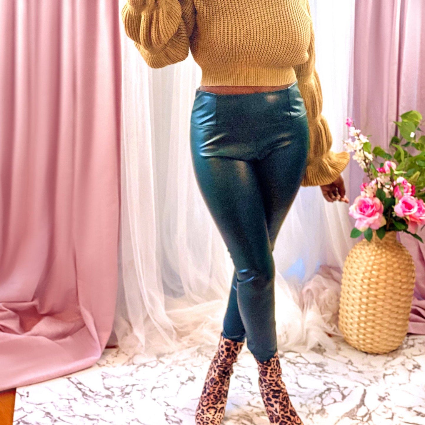 Light Pink Turn Up Faux Leather Pants (Green)