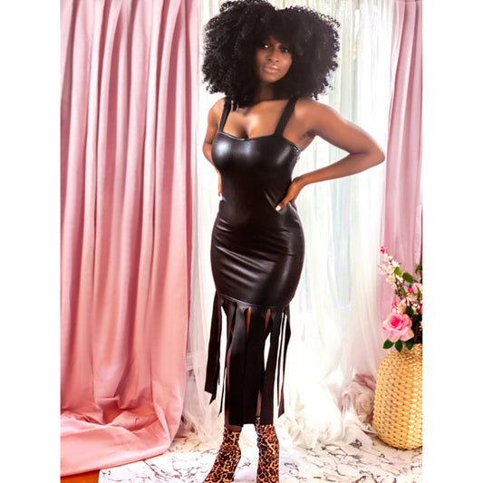 Pink Feelin Fringy Faux Leather Dress (Black)