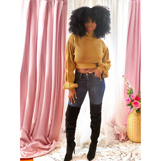 Light Pink Puffer Sleeve Crop Sweater (Brown)