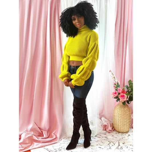 Thistle Puffer Sleeve Crop Sweater (Lime)