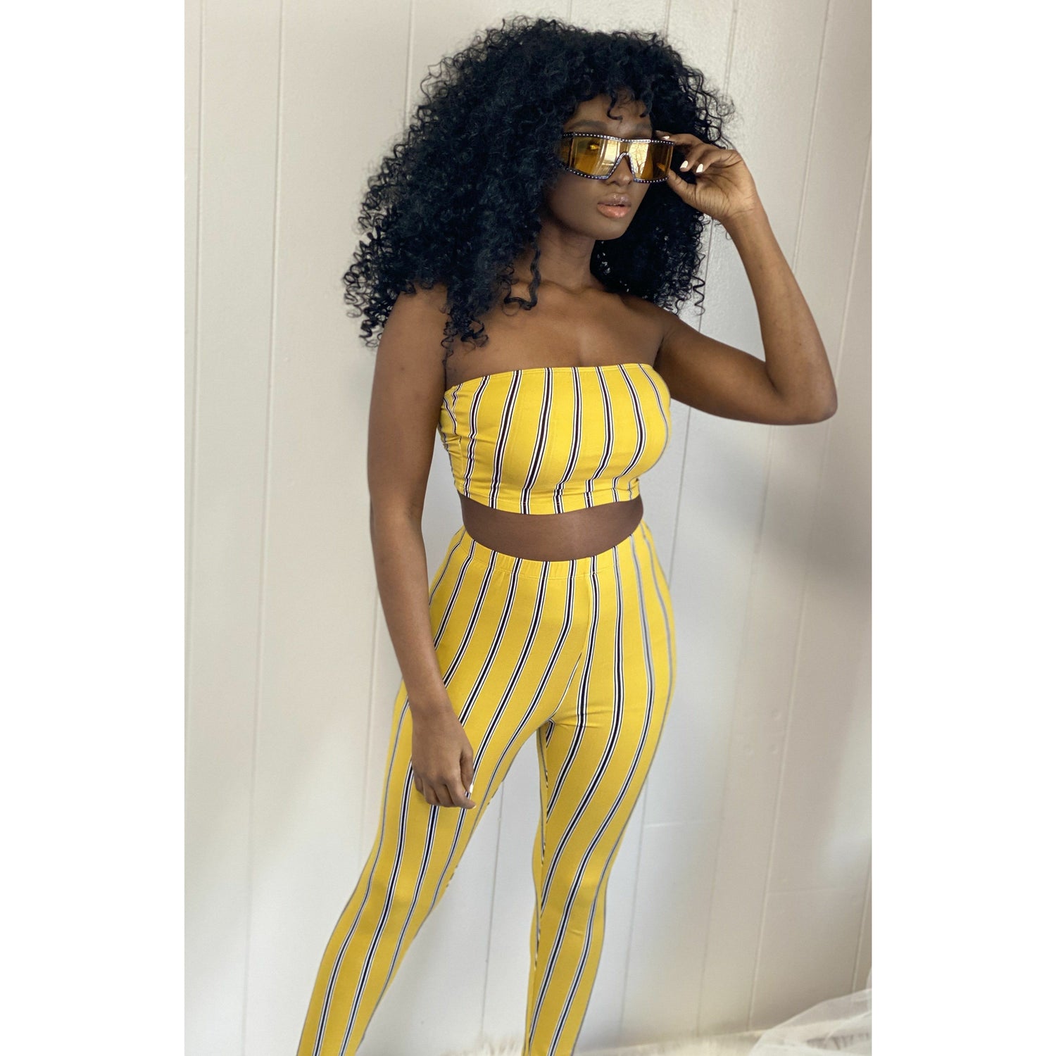 Sandy Brown Pinstripe Legging Set (Yellow)