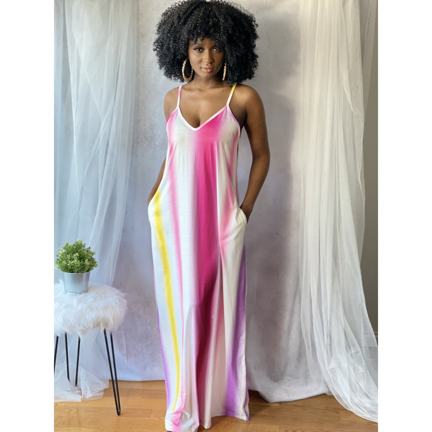 Maroon Stripe Maxi Dress (Pink)