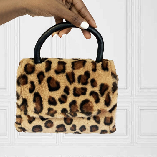 Dark Khaki Faux Fur Leopard Bag