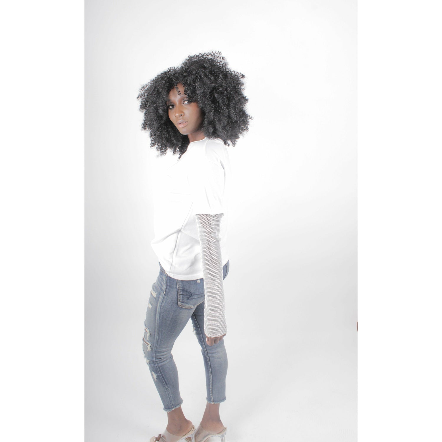 White Smoke Sparkles On My Sleeves Rhinestone Sweater (White)