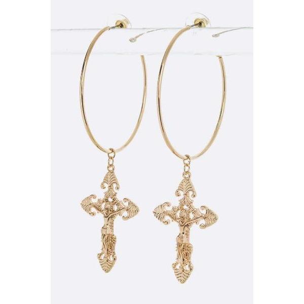 Tan BACK IN STOCK! Gold Cross Drop Hoop Earrings