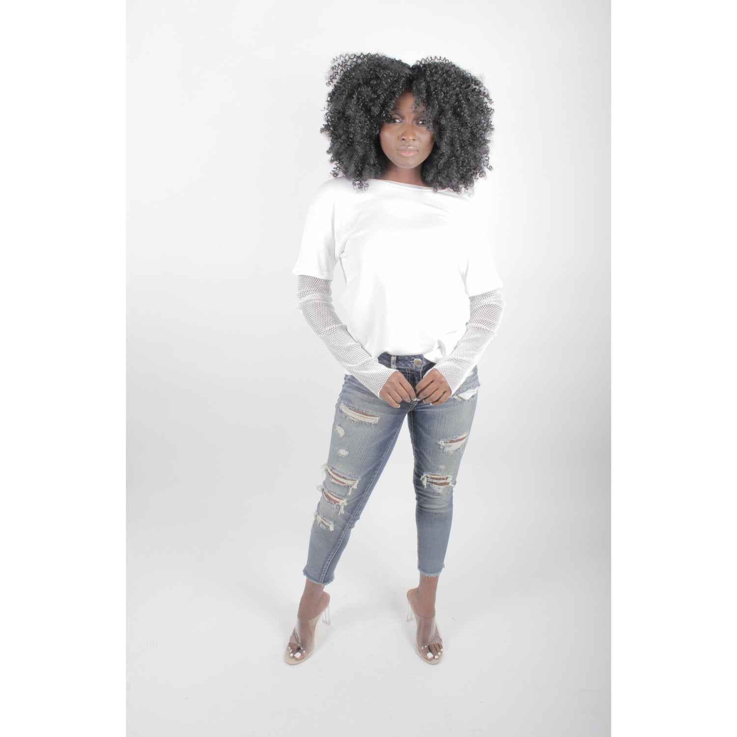 Dark Gray Sparkles On My Sleeves Rhinestone Sweater (White)