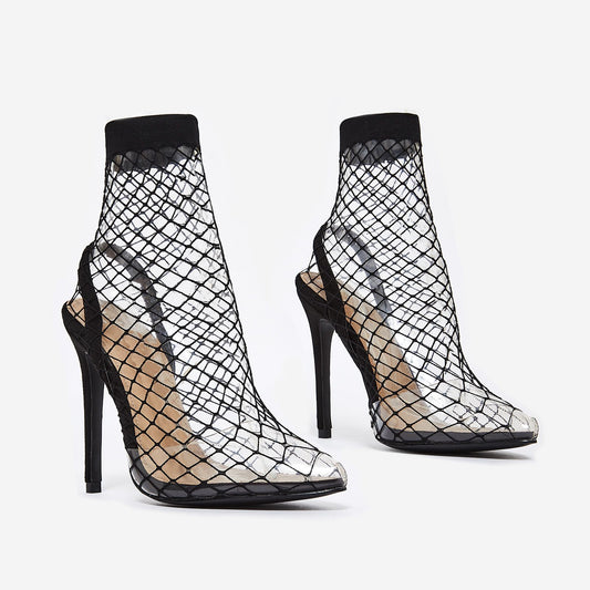 White Smoke Juan Fishnet Tights Transparent Heel (Black)