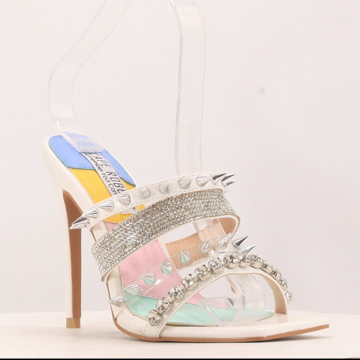Gray Spike Rhinestone Mules (White)