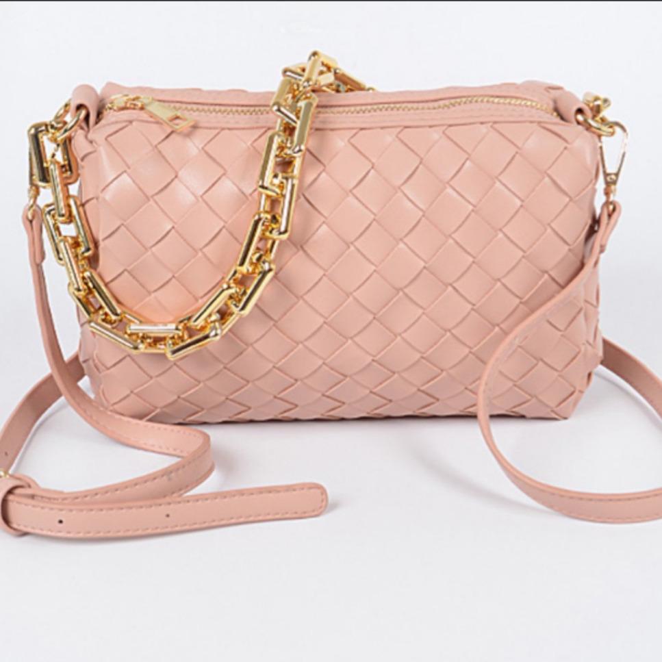 Tan Weave Chain Handbag (Pink)